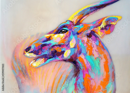 Portrait of a bongo antelope painted in oil.