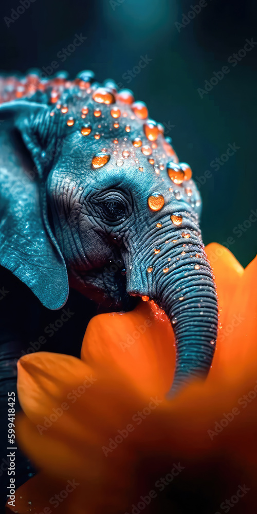 Obraz premium Tiny baby elephant, on a bright orange flower with dew drops reflecting on the petals, a sweet, beautiful scene. Generative AI