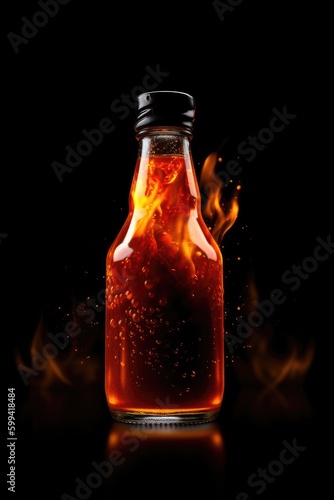 bottle of hot sauce on fire on a black background ssot in the studio at a front view point photo