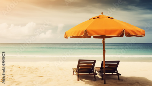 Chairs and umbrella on a tropical beach. Holidays concept, banner with copy space. Generative ai and digital editing. © angelo sarnacchiaro