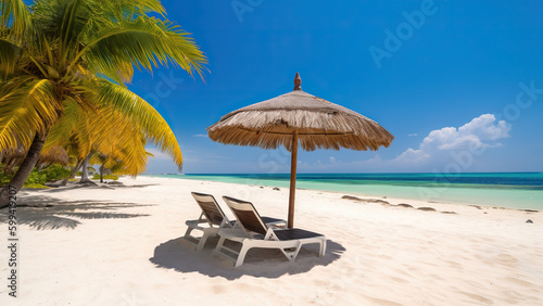 Chairs and umbrella on a tropical beach. Holidays concept, banner with copy space. Generative ai and digital editing.