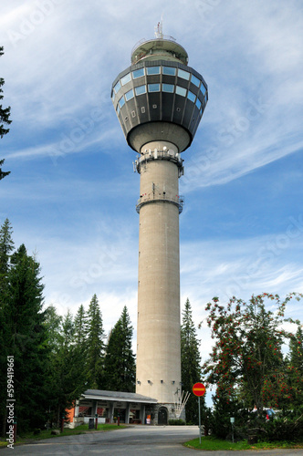 Bottom Up View To Puijo Tower In Kuopio Finland On A Beautiful Sunny Summer Day With A Clear Blue Sky