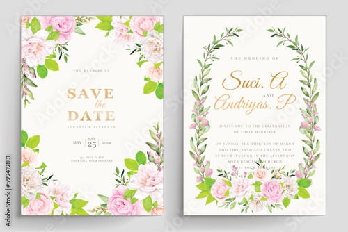 hand drawn roses and green leaves wedding invitation card set