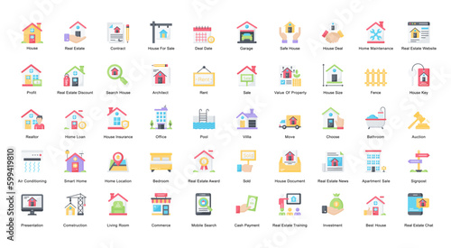 Real Estate Flat Iconset Home House Color Icon Bundle