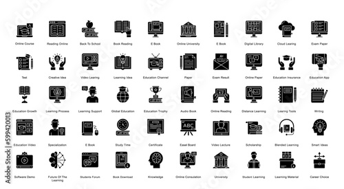Learning Glyph Iconset Education Graduation Book Glyph Icon Bundle in Black