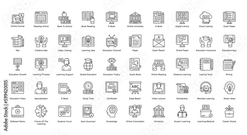 Learning Thin Line Iconset Education Graduation Book Outline Icon Bundle in Black