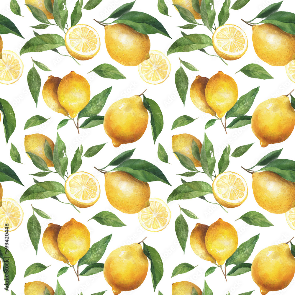 Obraz premium A seamless watercolor lemon pattern on white background.