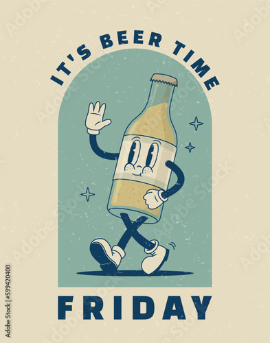 Cartoon beer character in retro 70s groove style. Vector illustration. Vintage beverage mascot poster