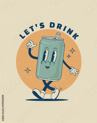 Cartoon retro 70s soda metal can cartoon character. Vintage funny mascot bottle beverage poster. Vector illustration. Let's drink