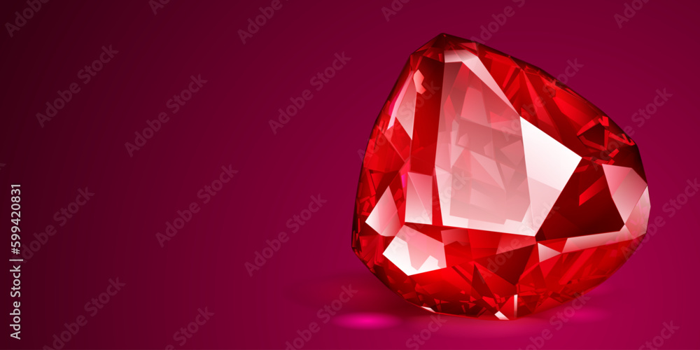 A big precious red crystal like an ruby with highlights and shadow on a color background. Faceted gemstone A big precious red crystal like an ruby with highlights and shadow on a color background. Faceted gemstone