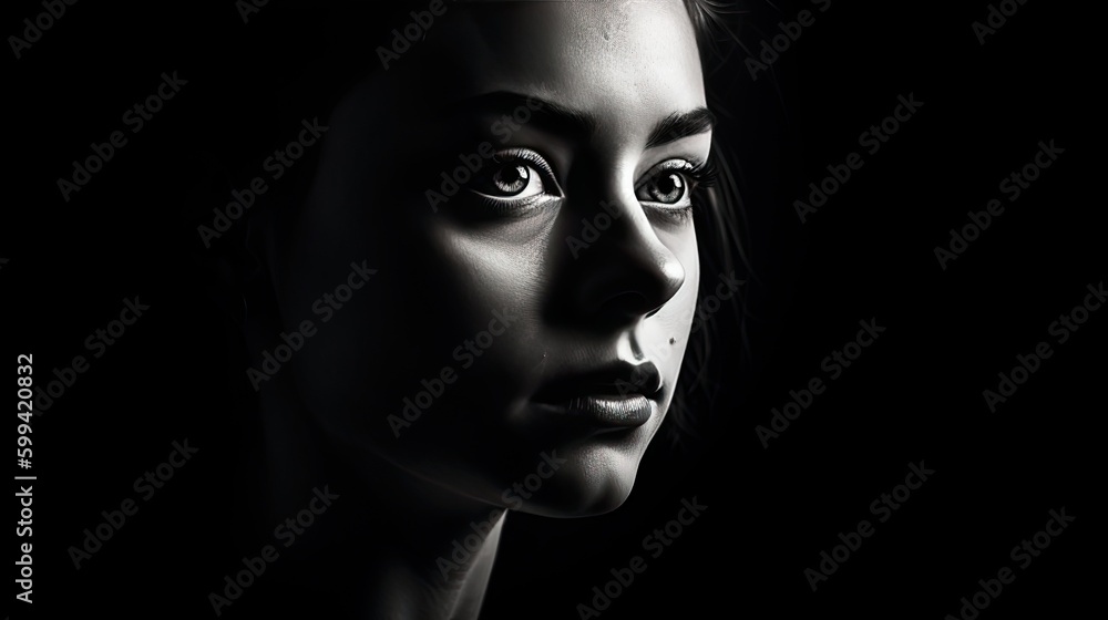A black and white portrait with stark contrasts and deep shadows, emphasizing the subject's features and creating a sense of depth and intensity. generative ai A black and white portrait with stark contrasts and deep shadows, emphasizing the subject's features and creating a sense of depth and intensity. generative ai
