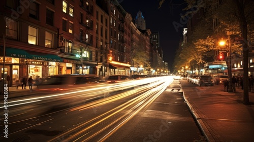 A bustling city street at night, captured in a long exposure shot to create a beautiful motion blur effect. generative ai