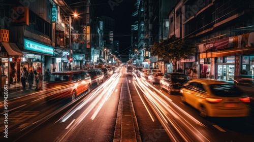 A bustling city street at night, captured in a long exposure shot to create a beautiful motion blur effect. generative ai