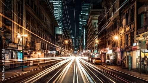 A bustling city street at night, captured in a long exposure shot to create a beautiful motion blur effect. generative ai