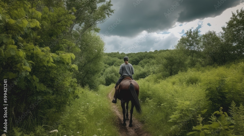 A person horseback riding on a trail with green foliage. generative ai A person horseback riding on a trail with green foliage. generative ai