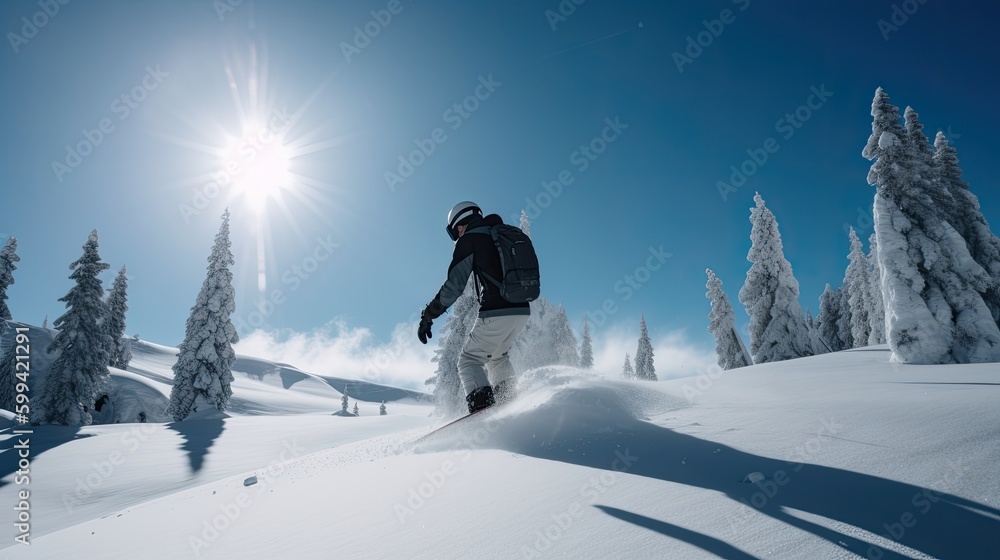 A person skiing on a mountain with snow and a blue sky in the background. generative ai