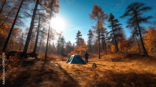 A person camping in the forest with a clear blue sky. generative ai