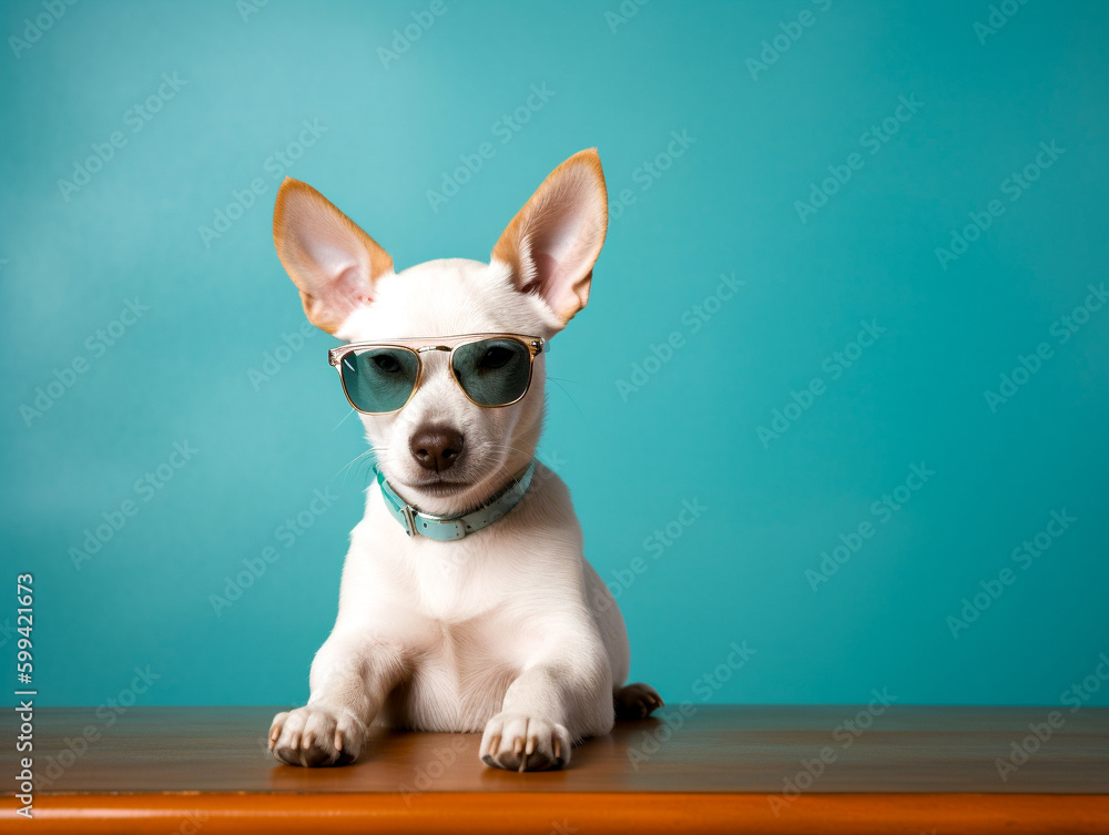 A Puppy Wearing Sunglasses Sitting at a Table with a Blue Wall | Generative AI A Puppy Wearing Sunglasses Sitting at a Table with a Blue Wall | Generative AI