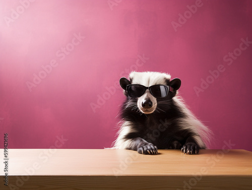 A Skunk Wearing Sunglasses Sitting at a Table with a Pink Wall | Generative AI