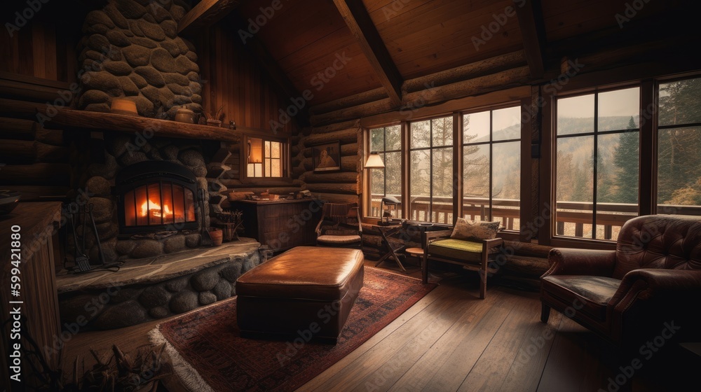 Cozy cabin in the mountains, with a wood - burning fireplace and warm furnishings. The atmosphere is inviting and relaxing. generative ai Cozy cabin in the mountains, with a wood - burning fireplace and warm furnishings. The atmosphere is inviting and relaxing. generative ai