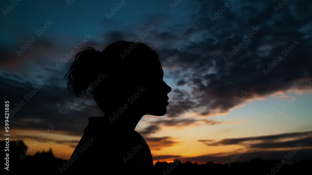 Side view, Silhouette of the face, a person, low angle, blurred fresh dawn sky. AI generative Side view, Silhouette of the face, a person, low angle, blurred fresh dawn sky. AI generative