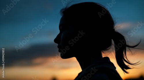 Side view, Silhouette of the face, a person, low angle, blurred fresh dawn sky. AI generative