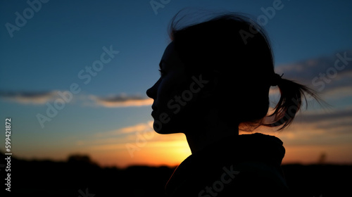 Side view, Silhouette of the face, a person, low angle, blurred fresh dawn sky. AI generative