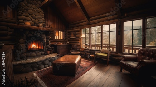 Cozy cabin in the mountains  with a wood - burning fireplace and warm furnishings. The atmosphere is inviting and relaxing. generative ai