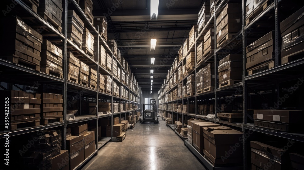 Industrial warehouse, with stacks of boxes and metal shelving. The lighting is harsh and white. generative ai Industrial warehouse, with stacks of boxes and metal shelving. The lighting is harsh and white. generative ai