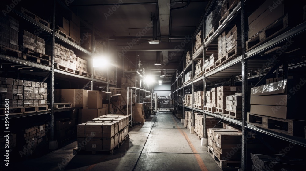 Industrial warehouse, with stacks of boxes and metal shelving. The lighting is harsh and white. generative ai