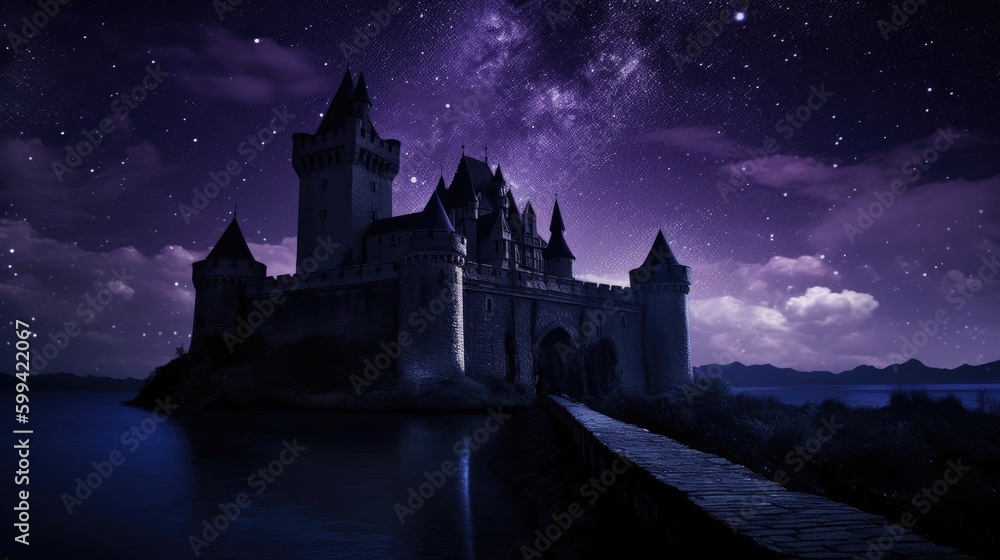 Majestic castle, with turrets and a drawbridge. The sky is a deep shade of purple, with stars twinkling in the background. generative ai