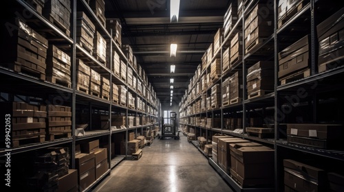 Industrial warehouse, with stacks of boxes and metal shelving. The lighting is harsh and white. generative ai