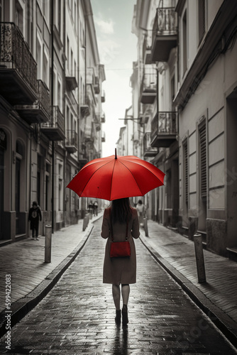 Red umbrella in hand of woman walking on a colorless street. AI generative © SANGHYUN