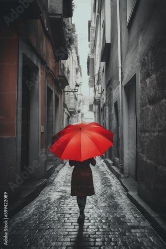 Red umbrella in hand of woman walking on a colorless street. AI generative