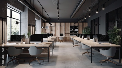 Modern office interior  with sleek design and bright lighting. The atmosphere is sophisticated and professional.