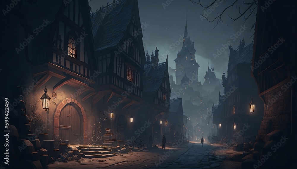 A street in a medieval fantasy town at night, Generative AI