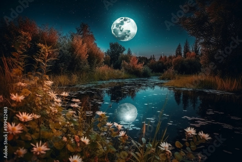 Night landscape environment harvest moon over a glittering lake lush vegetation birchwood trees, flowers, magical galaxy. AI generative