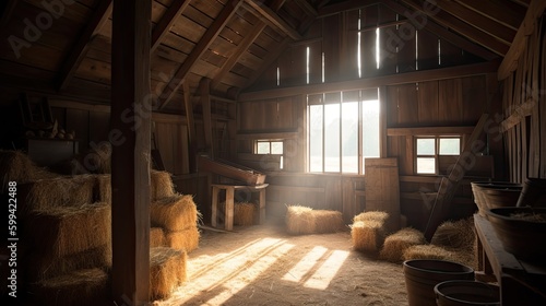 Rustic barn interior, with bales of hay and antique farm equipment. The sun is shining through the windows, casting a warm glow. generative ai
