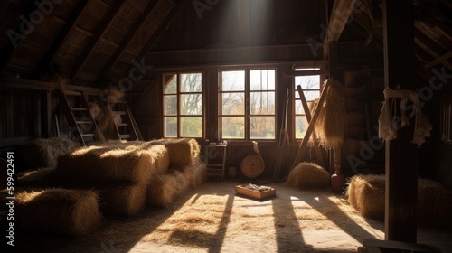 Rustic barn interior, with bales of hay and antique farm equipment. The sun is shining through the windows, casting a warm glow. generative ai © Neo