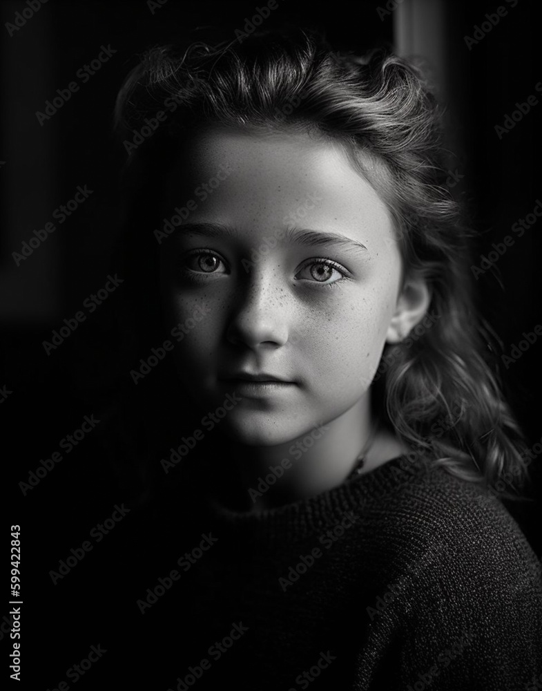female model, childlike innocence style, serene face, black and white, generated in AI female model, childlike innocence style, serene face, black and white, generated in AI