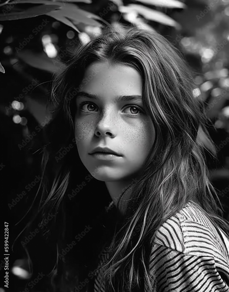 female model, childlike innocence style, serene face, black and white, generated in AI female model, childlike innocence style, serene face, black and white, generated in AI