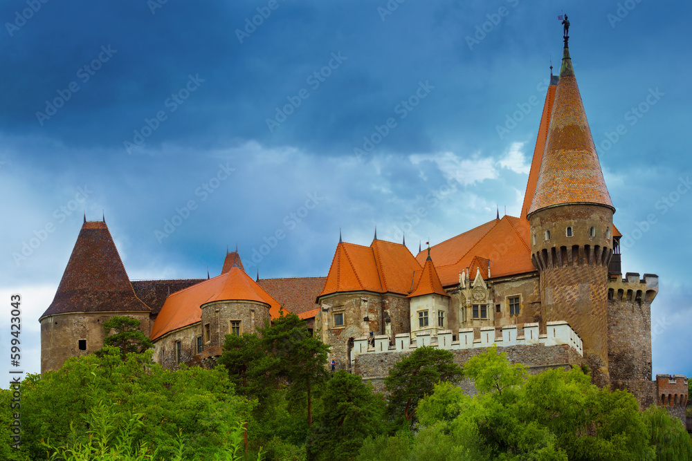 Image of Corvin Castle on the mountain in Romania.