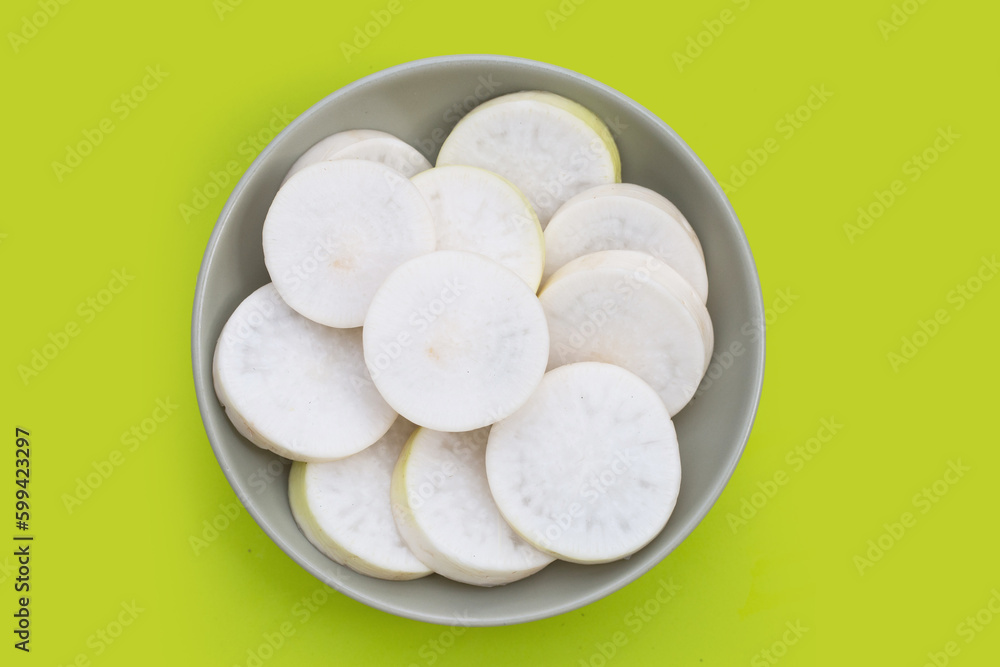 Sliced Japanese daikon. Fresh vegetables Sliced Japanese daikon. Fresh vegetables