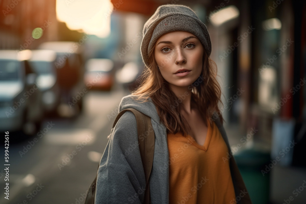 Fototapeta premium young adult woman is outside, everyday life in the city, on the go. Generative AI