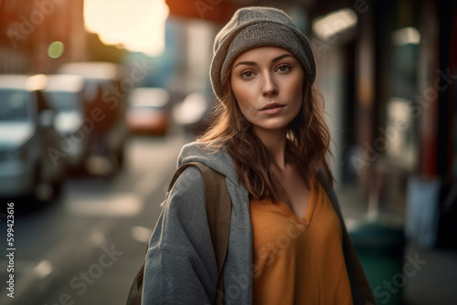 young adult woman is outside, everyday life in the city, on the go. Generative AI