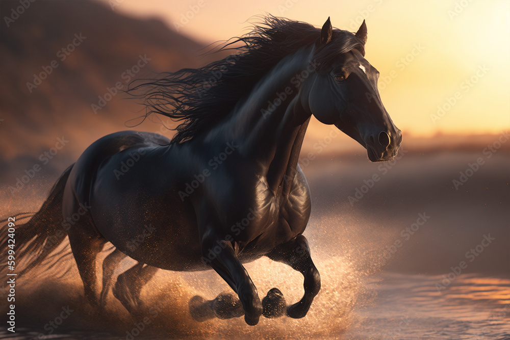 black stallion in the sunset made with generative ai