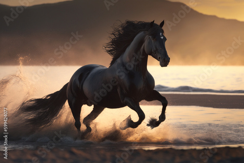 horse in the sunset made with generative ai photo
