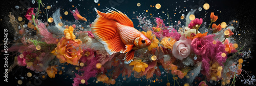 Betta Fish in Flowers Elaborate Illustration. Generative ai