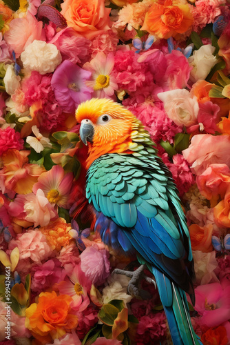 Illustration of Blue and Orange Parakeet Parrot in Beautiful Colorful Flowers. generative ai