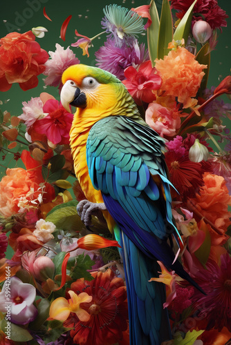 Illustration of Blue and Orange Parakeet Parrot in Beautiful Colorful Flowers. generative ai © Anna Hoychuk